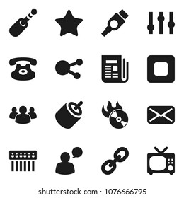 Flat vector icon set - music hit vector, newspaper, settings, speaking man, classic phone, social media, link, group, favorites, mail, stop button, rca, hdmi, jack, hub, tv