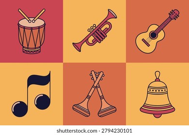 Flat vector icon set for musical instruments and celebration, illustrating trumpet, drum, acoustic guitar, music notes, bell, and maracas shakers.