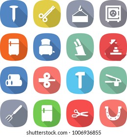 flat vector icon set - nail vector, surgical clamp, loading crane, safe, fridge, toaster, stands for knives, press, pipes, metal rolling, hammer, garlic clasp, big fork, scissors, horseshoe