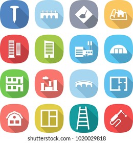 flat vector icon set - nail vector, bridge, under construction, project, skyscrapers, skyscraper, mall, hangare, modular house, city, plan, window, ladder, welding