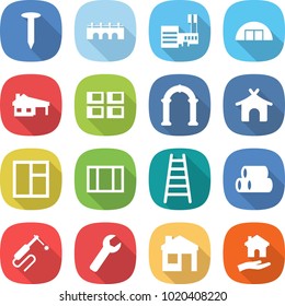 flat vector icon set - nail vector, bridge, mall, hangar, house with garage, panel, arch, bungalow, window, ladder, pipes, welding, wrench, housing
