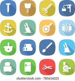 flat vector icon set - nail vector, tooth implant, surgical clamp, loading, anchor, stands for knives, pan, magnetic field, ladle, pipes, big spoon, knife holder, toaster, fridge, scissors