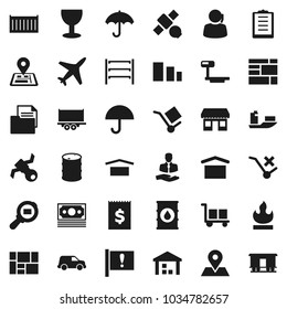 Flat vector icon set - navigator vector, map pin, attention, office, plane, satellite, money, support, client, ship, truck trailer, sea container, car, receipt, consolidated cargo, clipboard, glass