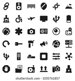 Flat vector icon set - navigator vector, plane, top sign, barcode, camera, radio, loudspeaker, social media, link, speaker, battery, stop button, ambulance star, disabled, dna, eye doctor hat, ovule