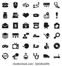 Flat vector icon set - navigator vector, attention, phone 24, ship, car, receipt, cargo, route, disk, microphone, video camera, speaking man, classic, heart, mail, doctor bag, disabled, flask, crib