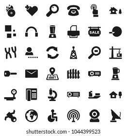 Flat vector icon set - navigator vector, earth, satellite, ship, big scales, cargo search, music hit, antenna, touchscreen, headphones, disabled, heart cross, magnifier, insemination, microscope