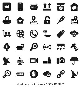 Flat vector icon set - navigator vector, cargo, umbrella, top sign, big scales, search, satellite antenna, film spool, satellitie, mobile phone, link, backward button, hdmi, thermometer, tomography