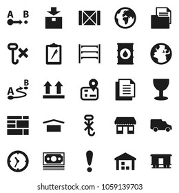 Flat vector icon set - navigator vector, earth, attention, office, money, car, clock, wood box, consolidated cargo, clipboard, document, glass, dry, top sign, no hook, warehouse, package, oil barrel