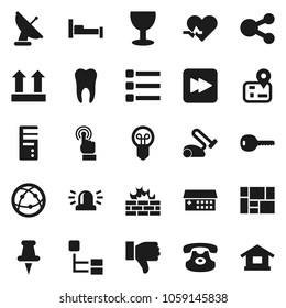 Flat vector icon set - navigator vector, consolidated cargo, glass, top sign, internet, touchscreen, classic phone, finger down, thumbtack, forward button, heart pulse, hospital building, tooth, key