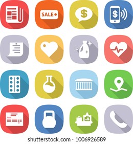 flat vector icon set - newspaper vector, sale, money message, phone pay, shopping list, heart, cleanser, pulse, pills blister, flask, airport building, geo pin, invoice, heavy, baggage checking
