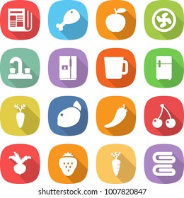 flat vector icon set - newspaper vector, chicken leg, apple, cooler fan, water tap, fridge, cup, carrot, lemon, hot pepper, cherry, beet, strawberry, towel