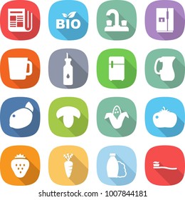 flat vector icon set - newspaper vector, bio, water tap, fridge, cup, vegetable oil, jug, lemon, mushroom, corn, tomato, strawberry, carrot, shampoo, tooth brush