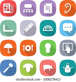 flat vector icon set - newspaper vector, structure, account balance, ear, ruler, pencil, greenhouse, sms, dry cargo, cafe, bulb, touchscreen, meat hammer, mushroom, pig, apron