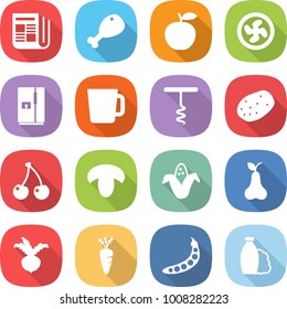 flat vector icon set - newspaper vector, chicken leg, apple, cooler fan, fridge, cup, corkscrew, potato, cherry, mushroom, corn, pear, beet, carrot, peas, shampoo