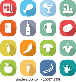 flat vector icon set - newspaper vector, chicken leg, cocktail, water tap, fridge, vegetable oil, jug, potato, carrot, hot pepper, mushroom, corn, apple, peas, wiping