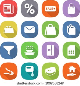 flat vector icon set - newspaper vector, percent, sale, shopping bag, mail, funnel, fountain, fridge, sim card, walnut crack, mixer, steake, housing