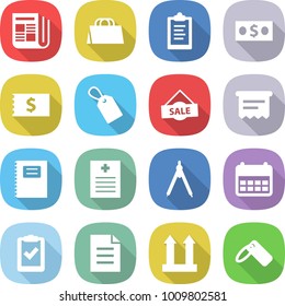 flat vector icon set - newspaper vector, shopping bag, clipboard, money, receipt, label, sale, atm, copybook, recipe, drawing compasses, calendar, check, document, cargo top sign