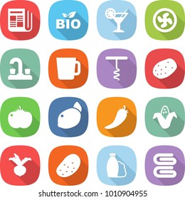 flat vector icon set - newspaper vector, bio, cocktail, cooler fan, water tap, cup, corkscrew, potato, tomato, lemon, hot pepper, corn, beet, shampoo, towel