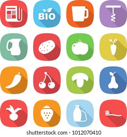 flat vector icon set - newspaper vector, bio, cup, corkscrew, jug, potato, tomato, carrot, hot pepper, cherry, mushroom, pear, beet, strawberry, shampoo, tooth brush