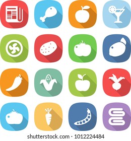 flat vector icon set - newspaper vector, chicken leg, apple, cocktail, cooler fan, potato, tomato, lemon, hot pepper, corn, beet, carrot, peas, towel