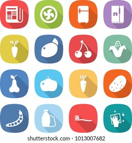 flat vector icon set - newspaper vector, cooler fan, fridge, carrot, lemon, cherry, corn, pear, tomato, potato, peas, shampoo, tooth brush, wiping