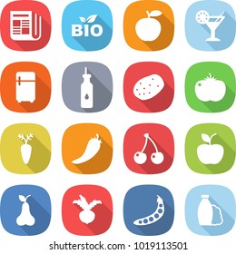 flat vector icon set - newspaper vector, bio, apple, cocktail, fridge, vegetable oil, potato, tomato, carrot, hot pepper, cherry, pear, beet, peas, shampoo