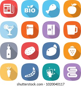 flat vector icon set - newspaper vector, bio, chicken leg, apple, cocktail, fridge, cup, vegetable oil, potato, lemon, strawberry, carrot, peas, wiping, towel