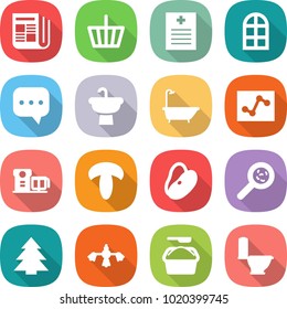 flat vector icon set - newspaper vector, basket, recipe, arch window, sms, sink, bath, analytics, food processor, mushroom, beans, viruses, spruce, hard reach place cleaning, washing powder, toilet