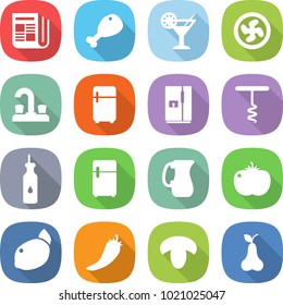 flat vector icon set - newspaper vector, chicken leg, cocktail, cooler fan, water tap, fridge, corkscrew, vegetable oil, jug, tomato, lemon, hot pepper, mushroom, pear