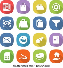 flat vector icon set - newspaper vector, shopping bag, around gear, eye identity, funnel, mail, pregnancy, houses, fridge, sim card, walnut crack, steak, housing
