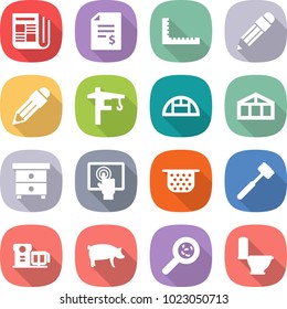 flat vector icon set - newspaper vector, account balance, ruler, pencil, tower crane, greenhouse, nightstand, touchscreen, colander, meat hammer, food processor, pig, viruses, toilet