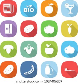 flat vector icon set - newspaper vector, bio, apple, cocktail, fridge, potato, tomato, carrot, mushroom, corn, peas, shampoo, tooth brush