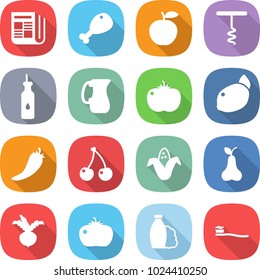 flat vector icon set - newspaper vector, chicken leg, apple, corkscrew, vegetable oil, jug, tomato, lemon, hot pepper, cherry, corn, pear, beet, shampoo, tooth brush