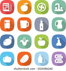 flat vector icon set - newspaper vector, apple, cooler fan, water tap, fridge, cup, vegetable oil, jug, lemon, corn, pear, tomato, potato, shampoo, towel