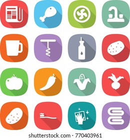 flat vector icon set - newspaper vector, chicken leg, cooler fan, water tap, cup, corkscrew, vegetable oil, potato, tomato, hot pepper, corn, beet, tooth brush, wiping, towel