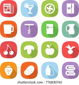 flat vector icon set - newspaper vector, cocktail, cooler fan, fridge, cup, corkscrew, jug, cherry, mushroom, apple, beet, strawberry, potato, shampoo, towel