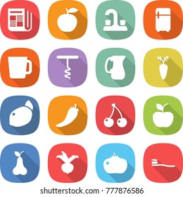 flat vector icon set - newspaper vector, apple, water tap, fridge, cup, corkscrew, jug, carrot, lemon, hot pepper, cherry, pear, beet, tomato, tooth brush