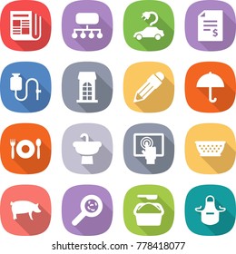 flat vector icon set - newspaper vector, structure, electric car, account balance, dropper, building, pencil, dry cargo, cafe, sink, touchscreen, colander, pig, viruses, washing powder, apron