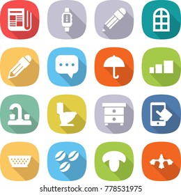 flat vector icon set - newspaper vector, smart watch, pencil, arch window, sms, dry cargo, sorting, water tap, toilet, nightstand, touchscreen, colander, coffee seeds, mushroom