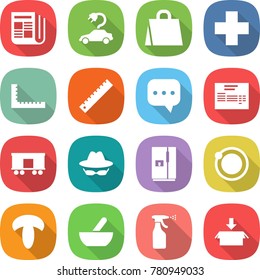flat vector icon set - newspaper vector, electric car, shopping bag, cross, ruler, sms, invoice, railroad shipping, confidential, fridge, orbit, mushroom, mortar, sprayer, package