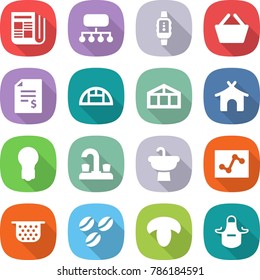 flat vector icon set - newspaper vector, structure, smart watch, basket, account balance, greenhouse, bungalow, bulb, water tap, sink, analytics, colander, coffee seeds, mushroom, apron