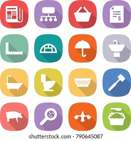 flat vector icon set - newspaper vector, structure, basket, account balance, ruler, greenhouse, dry cargo, sink, bath, toilet, colander, meat hammer, pig, viruses, hard reach place cleaning