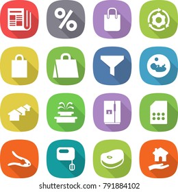 flat vector icon set - newspaper vector, percent, shopping bag, around gear, funnel, pregnancy, houses, fountain, fridge, sim card, walnut crack, mixer, steake, housing