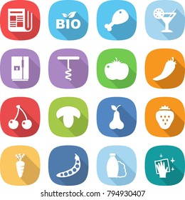 flat vector icon set - newspaper vector, bio, chicken leg, cocktail, fridge, corkscrew, tomato, hot pepper, cherry, mushroom, pear, strawberry, carrot, peas, shampoo, wiping