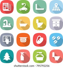 flat vector icon set - newspaper vector, electric car, ruler, map, water tap, bath, toilet, nightstand, touchscreen, colander, beans, coffee seeds, spruce, sprayer, washing powder