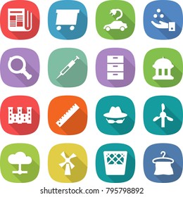 flat vector icon set - newspaper vector, delivery, electric car, chemical industry, magnifier, syringe, archive, goverment house, palace, ruler, confidential, windmill, cloud, trash bin, hanger