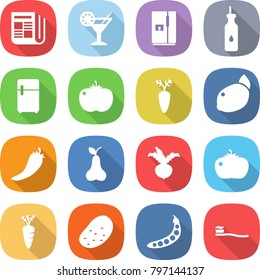 flat vector icon set - newspaper vector, cocktail, fridge, vegetable oil, tomato, carrot, lemon, hot pepper, pear, beet, potato, peas, tooth brush
