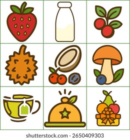Flat vector icon set of nine bold-outline food and beverage illustrations: whole strawberry, milk bottle, red berry cluster, durian, coconut with berries, mushroom with blueberry, tea cup, cloche.