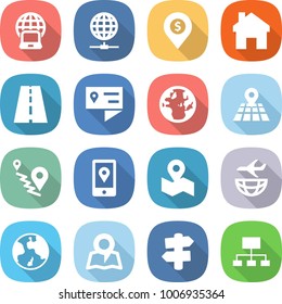 flat vector icon set - notebook globe vector, connect, dollar pin, home, road, location details, map, route, mobile, plane shipping, earth, signpost, hierarchy