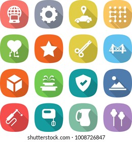 flat vector icon set - notebook globe vector, gear, car pointer, chip, cardio, star, surgical clamp, bridge, 3d, fountain, protected, landscape, welding, mixer, jug, trees